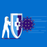 Icône représentant une personne portant un bouclier pour combattre un virus du Covid avec un lien avec la rubrique matériel de sensibilisation 2022